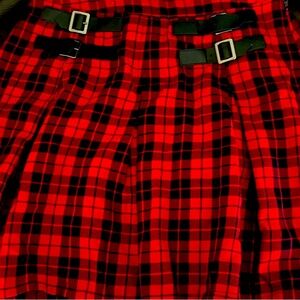 Red Plaid Mini Skirt with Buckle Accents